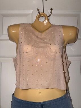 Pearl Rhinestone Sheer Sleeveless Crop Top - Blush Pink